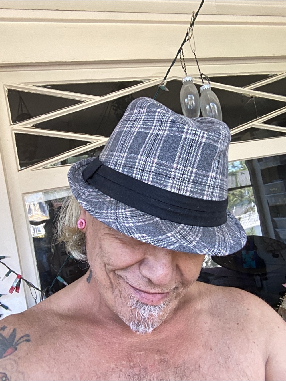 ALDO Gray Plaid Men's Fedora Hat with Subtle Pink Accents